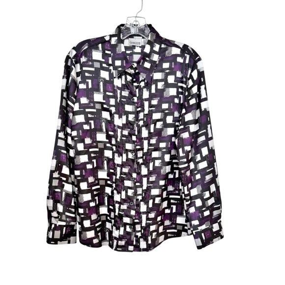 Chico’s Purple Black White Long Sleeves Button Down Shirt size Large (2) - Picture 7 of 8